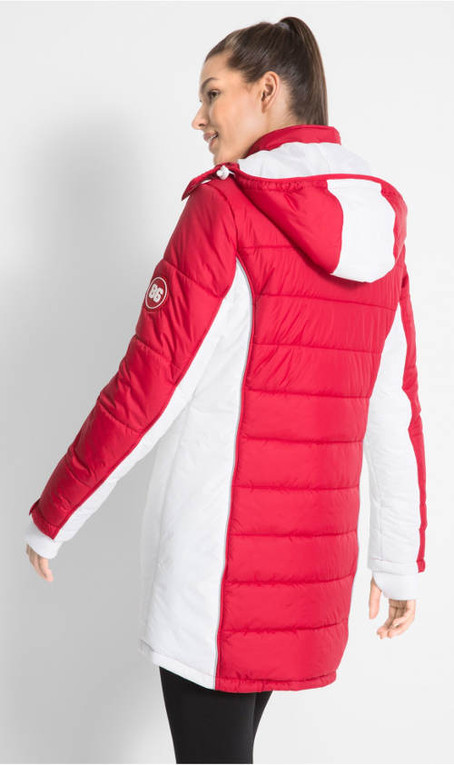 Hosszú piros-fehér steppelt kabát nőknek