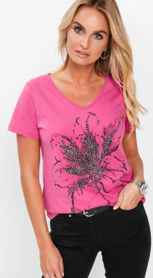 Rózsaszín női póló nyomtatással és strasszkövekkel