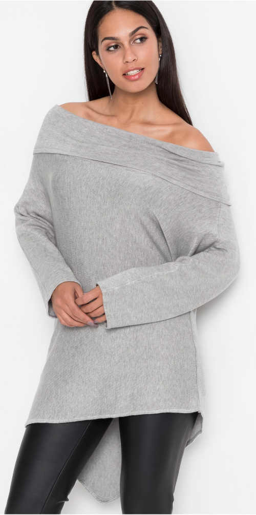 Aszimmetrikus túlméretezett női pulóver Carmen csupasz vállakkal