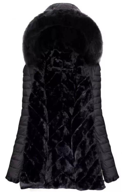Fekete steppelt női télikabát meleg szőrmével