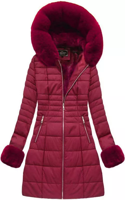 Meleg hosszabb lila steppelt téli kabát kapucnival